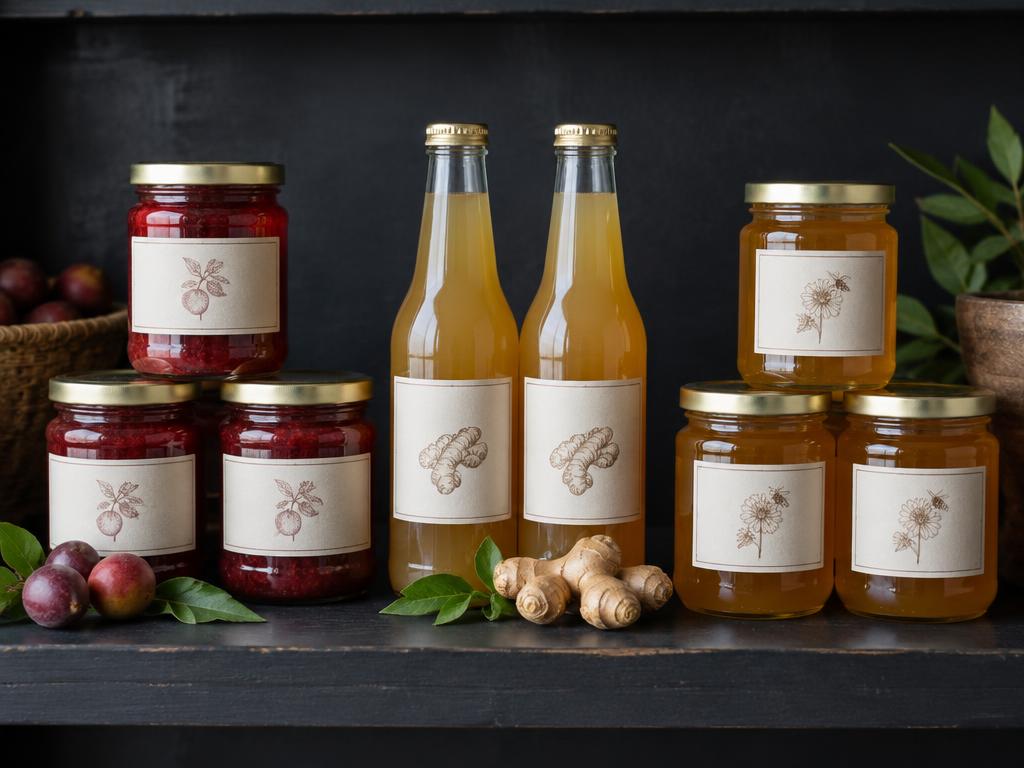 Jars of jam and honey and bottles of ginger drink ready for a shop shelf